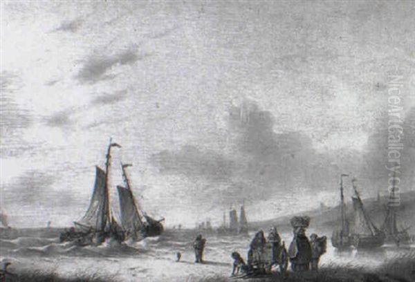 Fisherfolk With Their Catch On The Beach At Low Tide - view 1