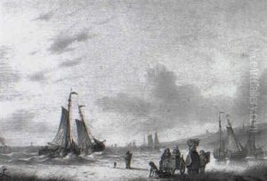 Fisherfolk With Their Catch On The Beach At Low Tide by Abraham Hulk the Elder