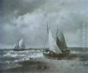 Marine.am Strand Zwei Trocken Aufgelegte Boote.auf Dem Wasser Dampfer Und Kusten- Segler by Abraham Hulk the Elder
