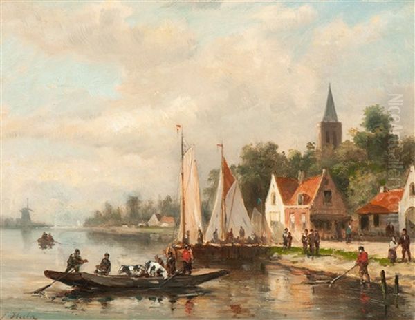 River Ferry On The River By A City - view 1