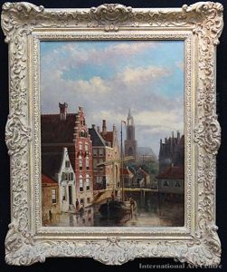 A Barge In A Dutch Canal Town; Figures With A Horse & Cart In A Village Street (pair)