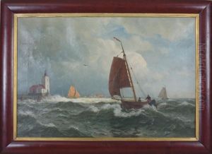 Fishermen Passing A Lighthouse At The Mouth Of A River by Johannes Frederik Hulk, Snr.