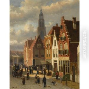 Many Figures In The Streets Of A Dutch Town by Johannes Frederik Hulk, Snr.