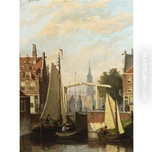 Boats On A Canal In A Dutch Town by Johannes Frederik Hulk, Snr.
