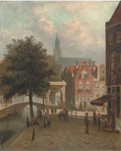 A Flower Stall On A Dutch Canal by Johannes Frederik Hulk, Snr.