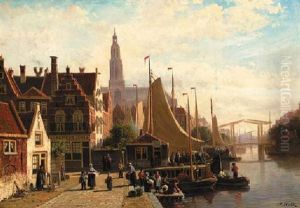 A View Of A Town In Summer With Townsfolk On A Quay By The Sneek-lemmer Ferry Post