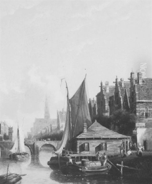 Stadsgezicht Met Bedrijvigheid In De Grachten - view 1