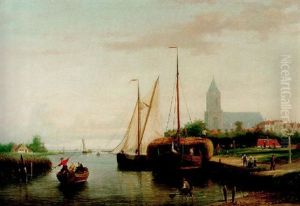 A Moored Haybarge And Other Shipping By A Bleach-field, In The Harbour (of Monninckendam?)
