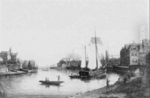 Fishing Boats Along A Canal by Johannes Frederik Hulk, Snr.