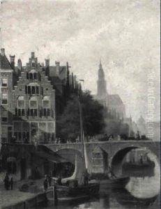 A View In A Town With Numerous Villagers On A Bridge And Townsfolk