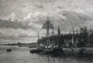 View Of A Town Along A River With A Shipyard And Moored Shipping