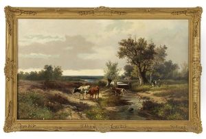 Surrey Landscape Scene, With Cattle By A Stream by Abraham Hulk the Younger