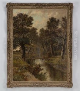 A Forest Clearing With A Fisherman Sitting Beside A River With A Bridge Beyond