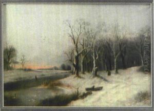 Winterlandschaft Am Waldrand Mit Zugefrorenem Teich Und Staffagefiguren