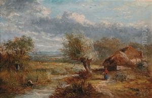 Sommerlandschaft Mit Bauernkaten An Einem Bach
