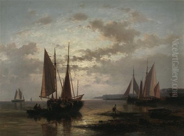 Heimkehr Der Fischer. Kustenlandschaft Mit Anlandenden Segelbooten Bei Sonnenuntergang - view 1