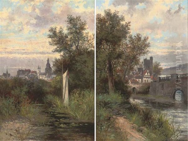 The Riverside Track, A Bridge Beyond (+ A Boat In The Reeds, A Town Beyond; Pair) - view 1