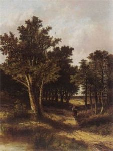 A Girl Gathering Wood On A Country Lane Near A Stream