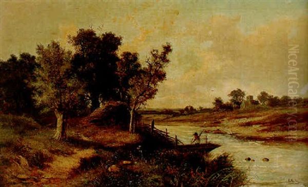 In The English Countryside: An Angler In A Boat On A River, A Village Church Beyond - view 1