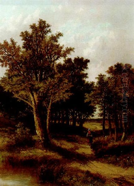 A Wooded Landscape With A Faggot Gatherer On A Sandy Track - view 1