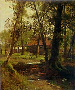 A Young Girl With Chickens In A Sunlit Glade by Abraham Hulk the Younger