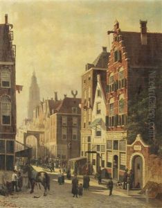 A Busy Sunlit Street With A View Of The Martinitoren, Groningen by John Frederik Hulk the Younger
