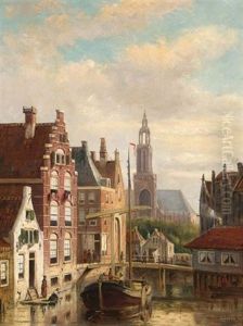 A Townview With A Barge On The Canal by John Frederik Hulk the Younger