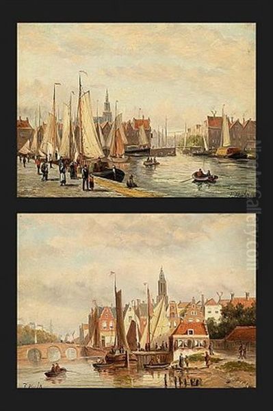 Views Of Ships In The Harbour Of A Dutch Town (pair) - view 1