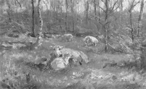 A Ewe Resting With Her Lamb At A Forest Edge