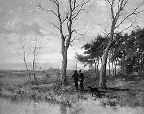 In Sumpfiger Landschaft Stehen Zwei Jager Im Gesprach - view 1