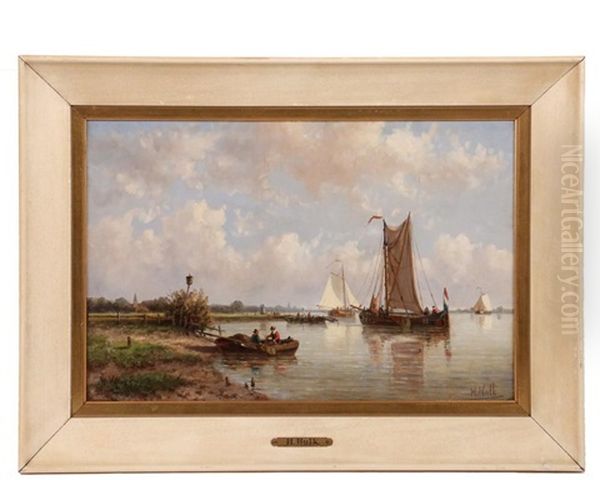 Barges On A Dutch Waterway With Distant Village - view 1