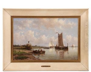 Barges On A Dutch Waterway With Distant Village