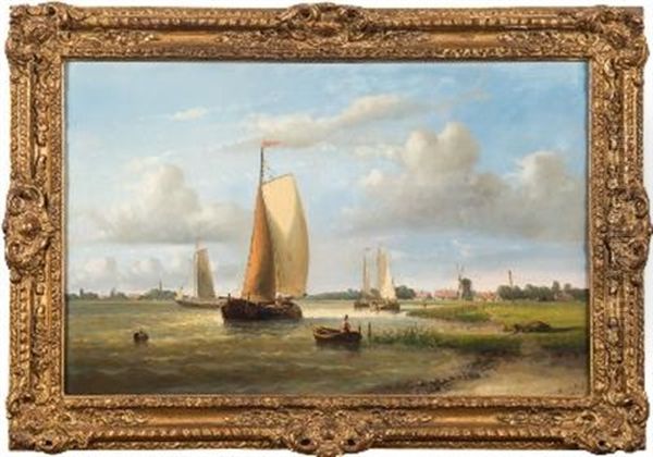 Barges On A Dutch Waterway, View To Windmills And Villages Beyond - view 1