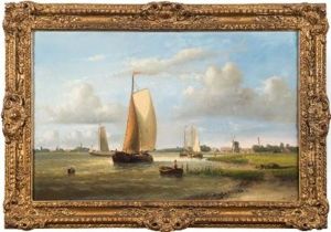 Barges On A Dutch Waterway, View To Windmills And Villages Beyond by Hendrik Hulk