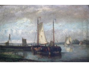 Boats In A Dutch River Landscape (pair) by Hendrik Hulk
