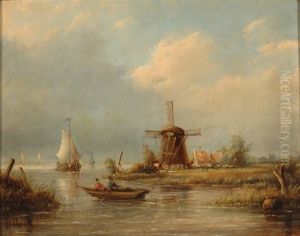 Wind Mill By The Water With A Small Boat In The Foreground by Hendrik Hulk