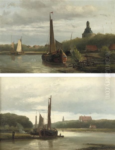 Boats Near Enkhuizen With The Dromedaris In The Background (+ A River Landscape At Sunset; Pair) - view 1