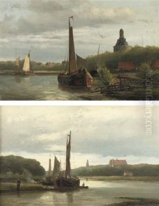 Boats Near Enkhuizen With The Dromedaris In The Background (+ A River Landscape At Sunset; Pair) by Hendrik Hulk