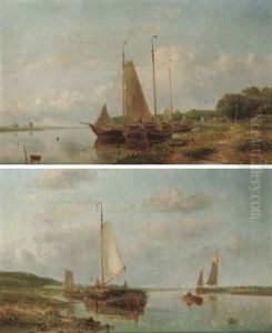 Boats Moored By A River Bank (pair) Boats Moored By A River Bank (pair)