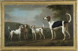 Four Of Sir Robert Walpole's Hounds In A Landscape by Ranelagh Barrett