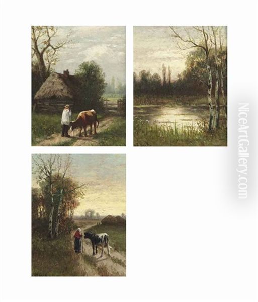 A Peasant With A Cow Near A Wooden Shed; And A Wooded Landscape At Sunset With A Peasant Woman And A Cow; A Wooded Landscape With A Pond (3 Works) - view 1