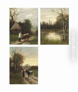 A Peasant With A Cow Near A Wooden Shed; And A Wooded Landscape At Sunset With A Peasant Woman And A Cow; A Wooded Landscape With A Pond (3 Works) by William Frederick Hulk