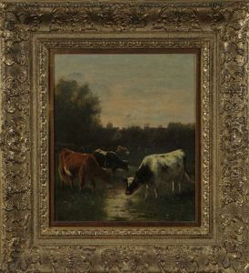 Rinderherde Am Bachlauf Auf Der Weide Im Abendlicht by William Frederick Hulk