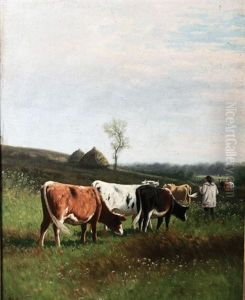 Cattle And Farmer In A Landscape by William Frederick Hulk