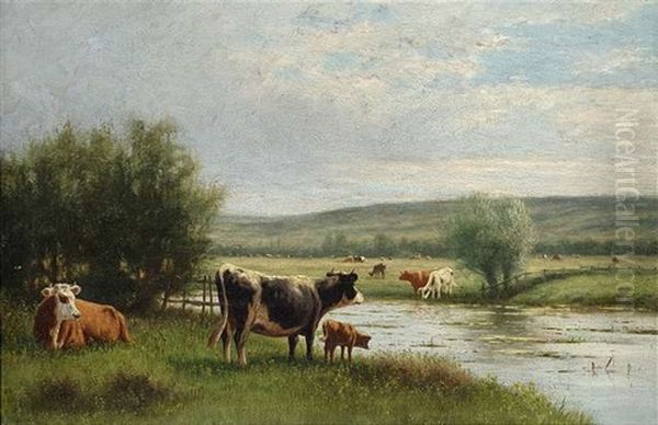 Drinking Time (weite Landschaft Mit Kuhen Am Flussufer) - view 1