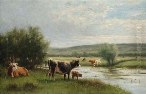 Drinking Time (weite Landschaft Mit Kuhen Am Flussufer) by William Frederick Hulk