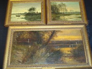 Evening River Scene With A Fishing Boat (+ Another; Pair) by William Frederick Hulk