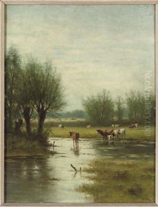 Cattle Watering In A Flooded Field (+ A Herder Driving His Cattle Through The Snow; Pair) by William Frederick Hulk
