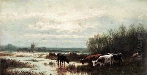 Cattle Watering (+ Cattle With Windmill; Pair) by William Frederick Hulk