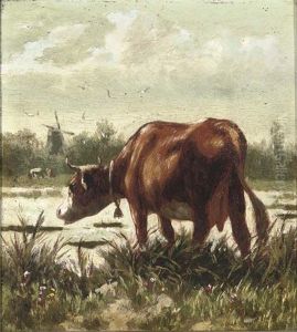 A Cow By The Water's Edge (+ A Cow In A Landscape; Pair) by William Frederick Hulk